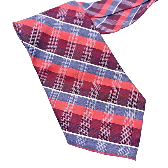 Van Heusen Tie Burgundy Red Coral Gray White Plaid Check Grid Necktie Career - Picture 1 of 8